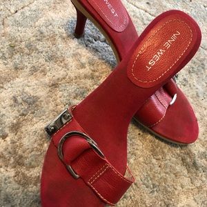 Red leather and wood CK Dougano mules